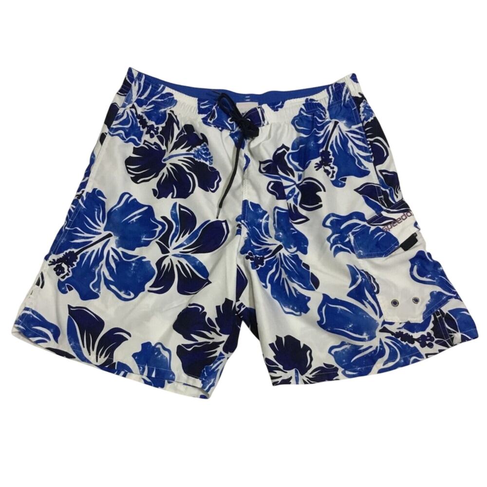 Speedo Swim Shorts Men's Blue/White Floral Aloha Lace Up‎ Size M
